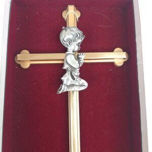 Gold Silver Cross Praying Boy Figurine 7" Religious Catholic First Communion
